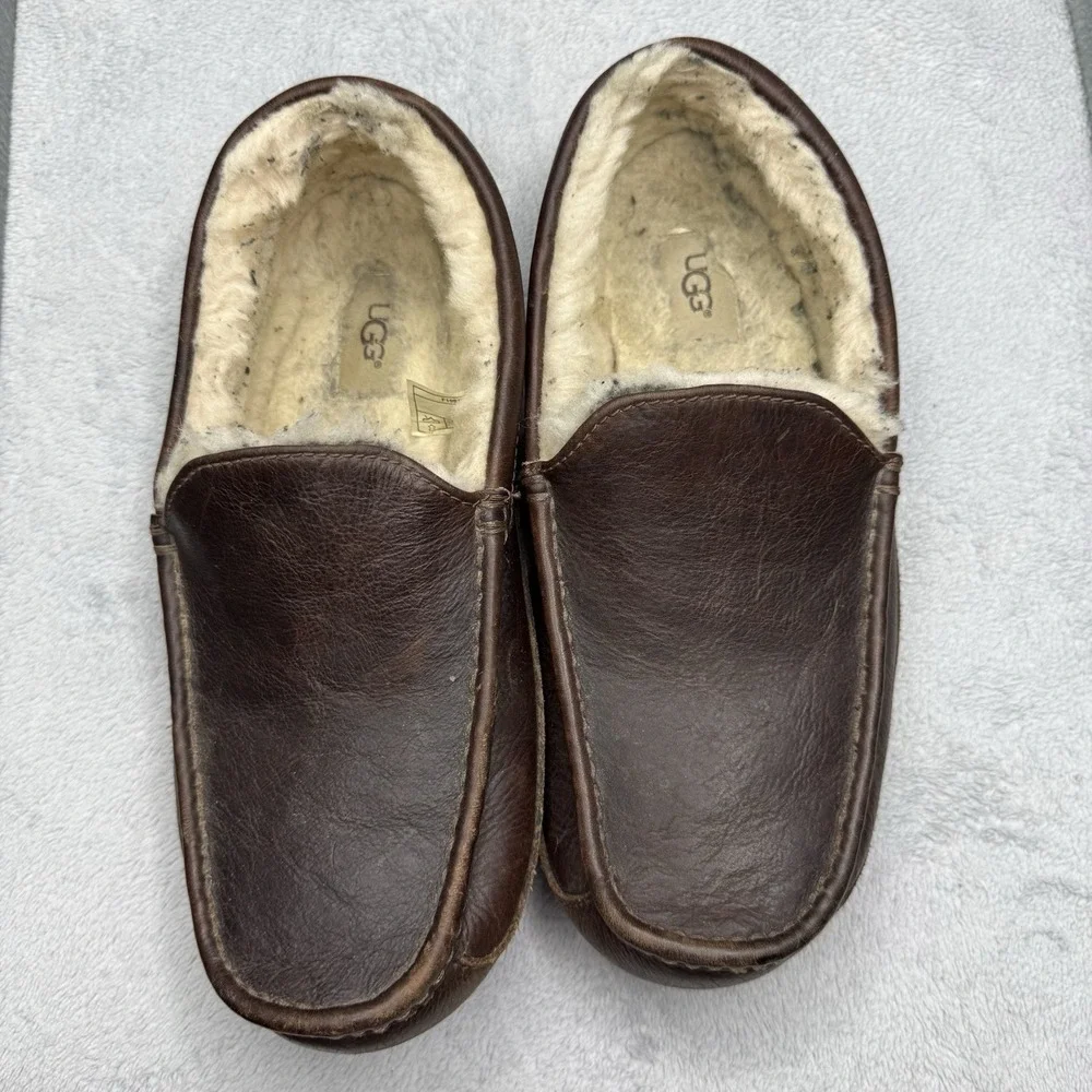 UGG Ascot Brown Leather Comfort Indoor Moccasin Loafers Slipper Men's Size 10